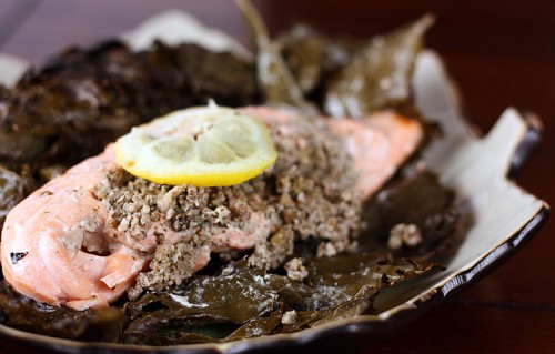 Salmon Grilled in Grape Leaves